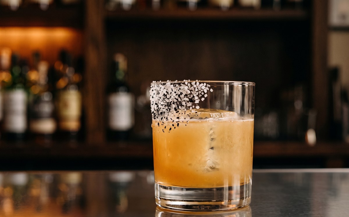 Charred corn margarita in a double rocks glass over one clear ice cube, half rim of dark husk salt, on a polished stainless bar top