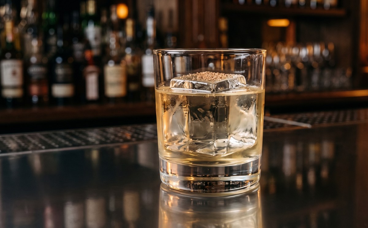 Clarified sweet corn milk punch, pale gold and transparent, served over one large clear ice cube in a rocks glass with grated nutmeg