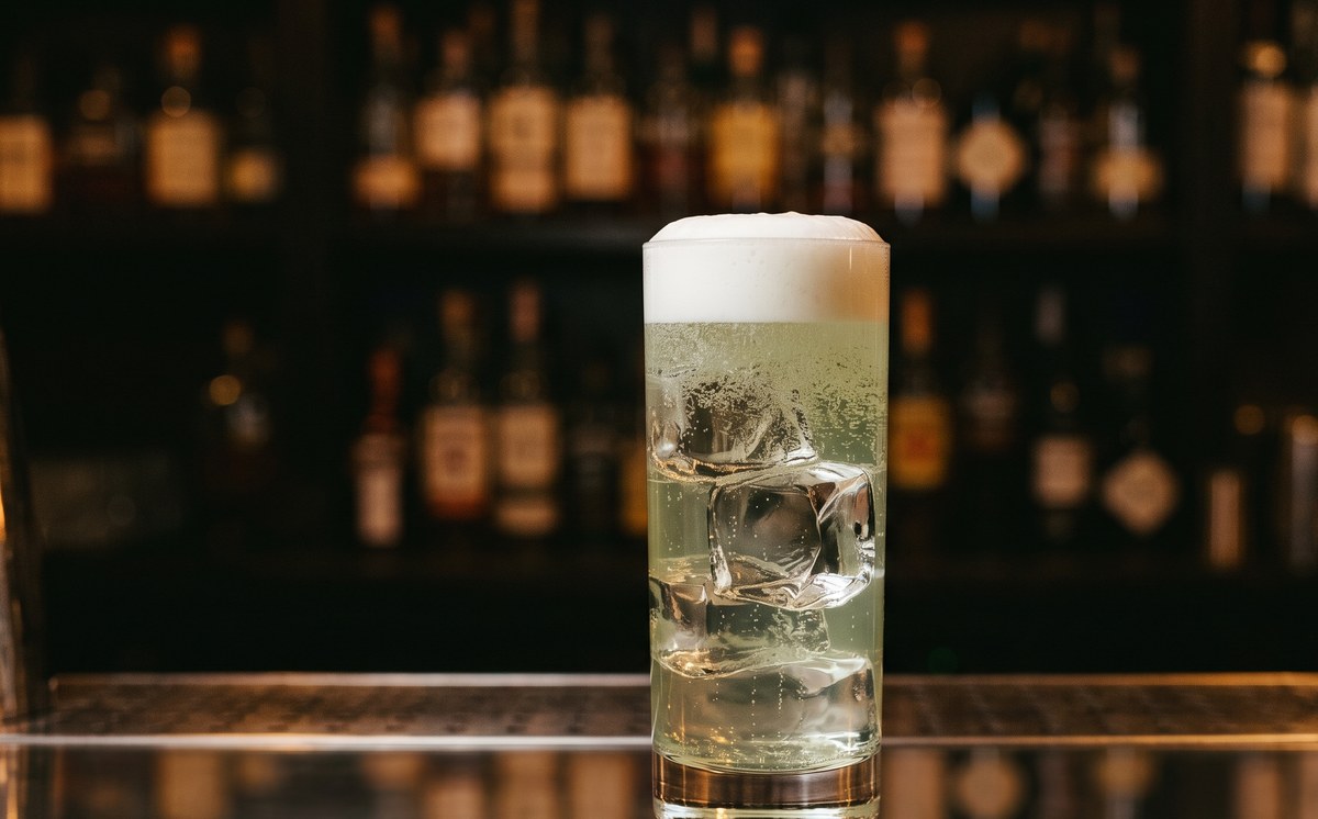 Cucumber and lovage fizz in a highball glass, pale green and effervescent, topped with a white yogurt foam, on a polished bar counter