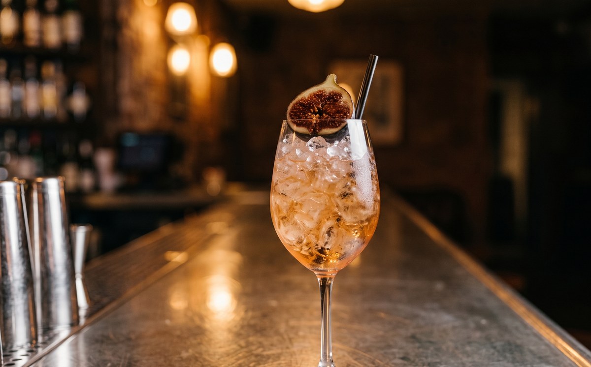 The Fig Sherry Cobbler in a wine glass packed with crushed ice, clear amber with a rose cast, half a fresh fig on the rim and a short straw, on a polished stainless bar top