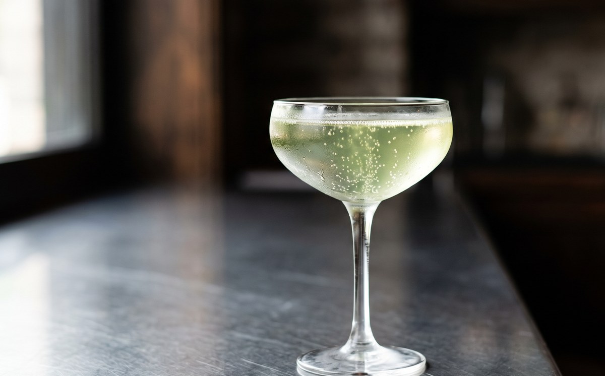 Grasshopping Champagne served in a chilled coupe, clear pale green, fine bead of bubbles, no ice, no garnish, on a polished stainless bar top
