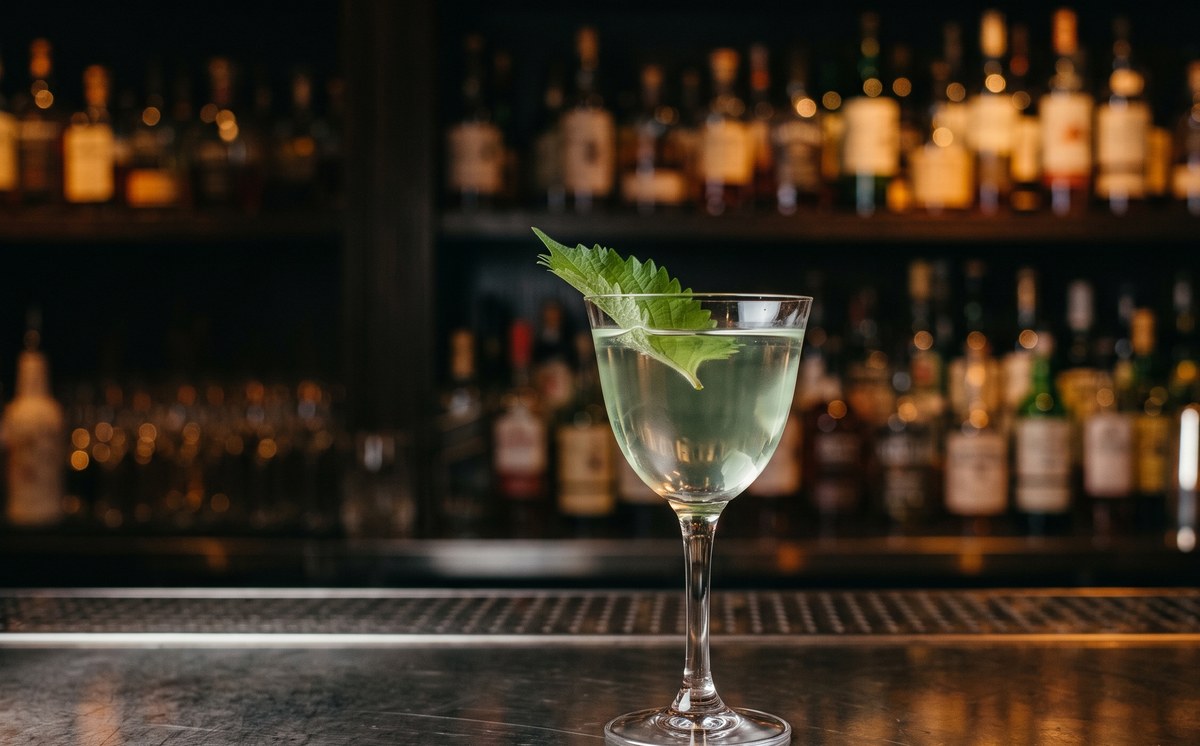 Green tomato and shiso gimlet served up in a chilled Nick and Nora glass, pale green and clear, one shiso leaf on the rim