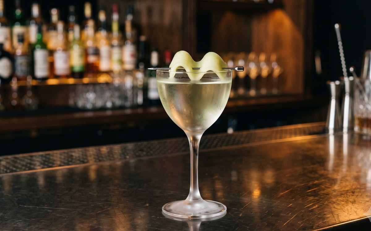 Melon and fino martini, pale green and transparent, served up in a chilled Nick and Nora glass with no ice on a polished stainless bar top