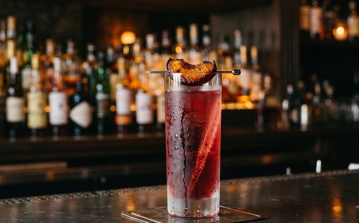 Charred plum highball, deep ruby and transparent, served over a clear ice spear in a highball glass on a polished stainless bar top