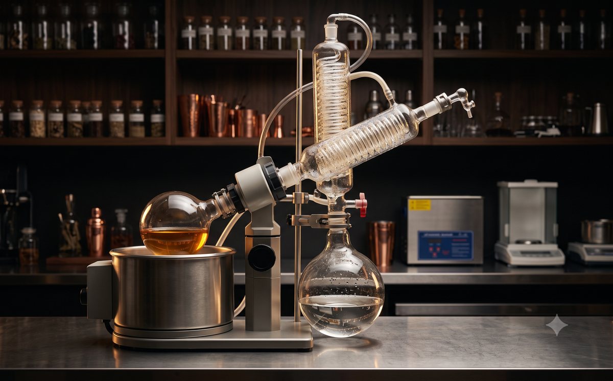 Rotary evaporator mid-distillation in a bar prep lab