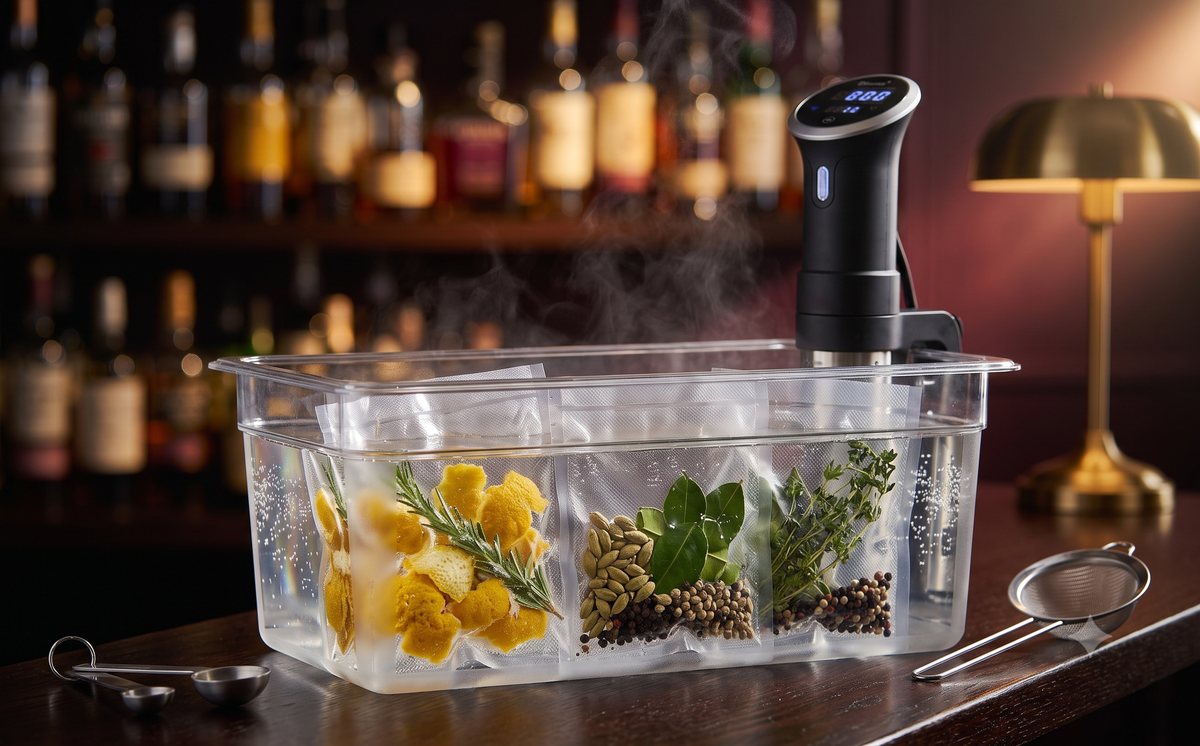 Vacuum bags of botanicals in a sous vide water bath with an immersion circulator