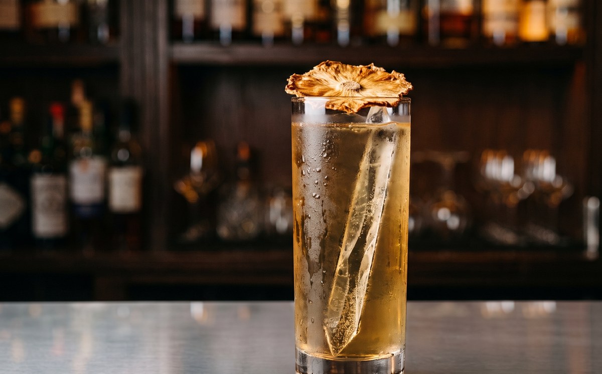Pineapple tepache highball, transparent amber, served over a clear ice spear in a highball glass on a polished stainless bar top