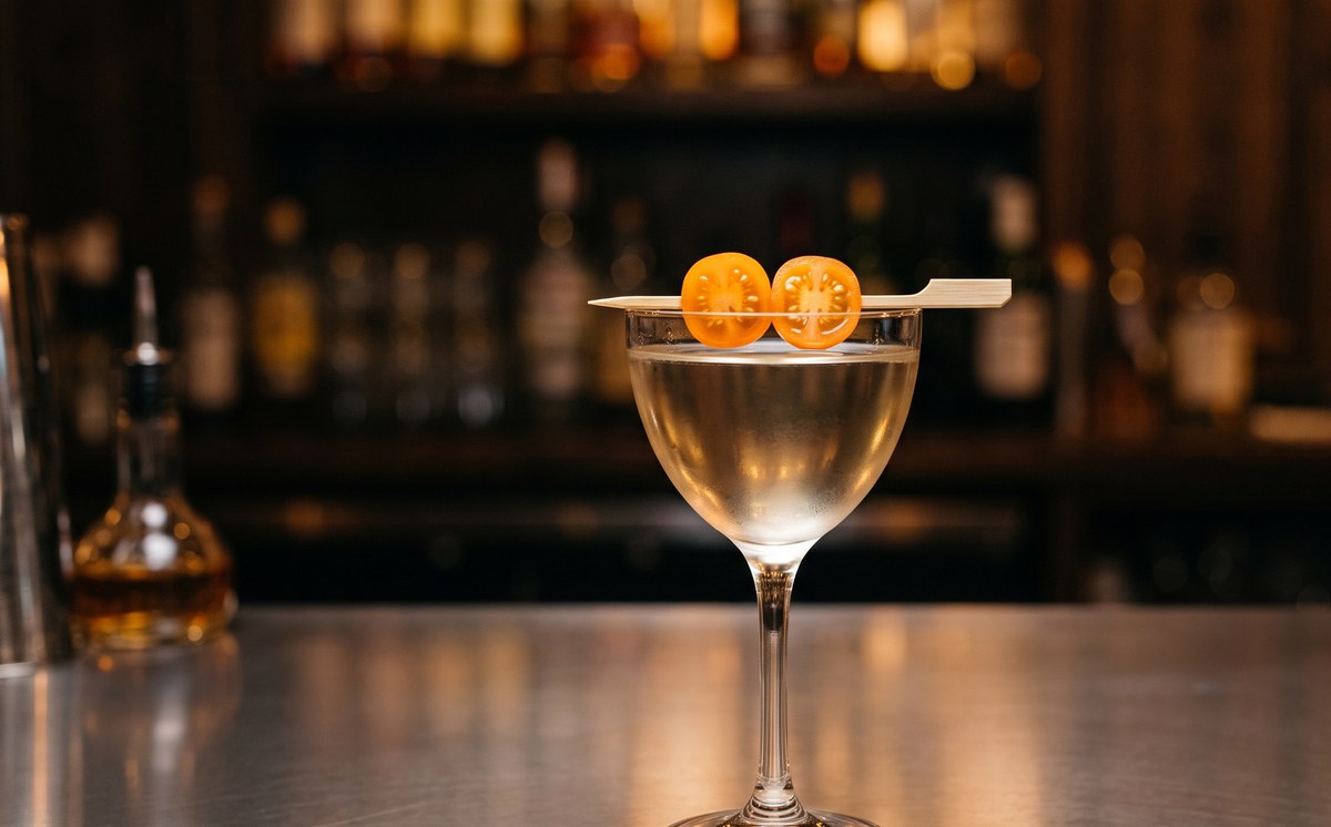 Sungold tomato-water martini served up in a chilled Nick and Nora glass, pale gold and crystal clear, one halved sungold tomato on a pick across the rim