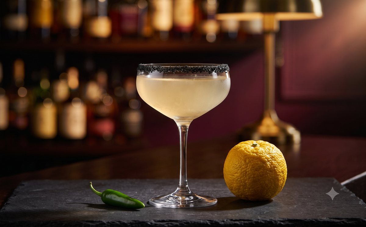 Margarita served up with a black salt rim, yuzu and green chili beside it