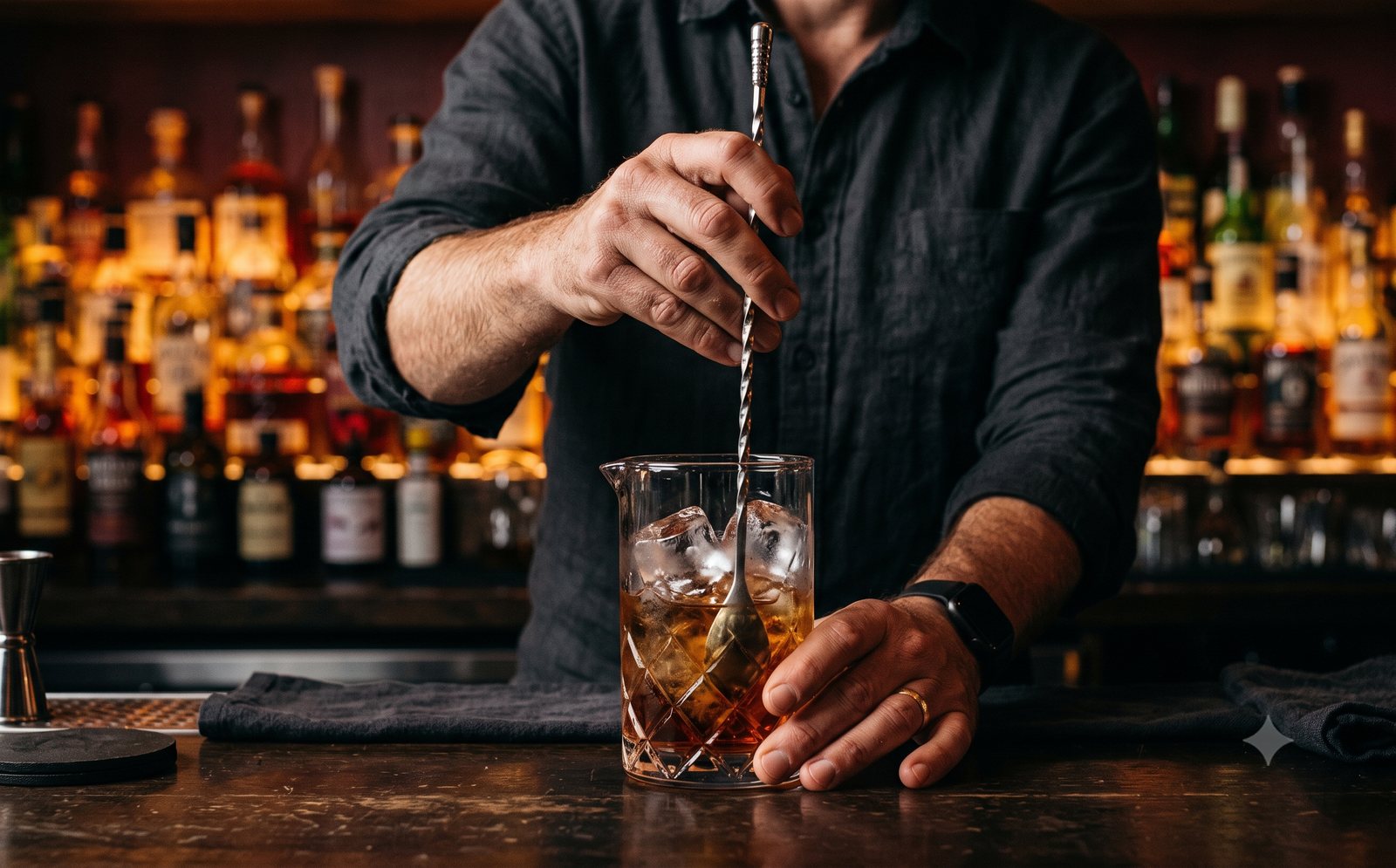 Bartender stirring a cocktail in a crystal mixing glass