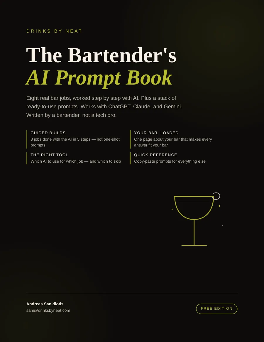 Cover of The Bartender’s AI Prompt Book by Andreas Sanidiotis, Drinks by Neat — free edition